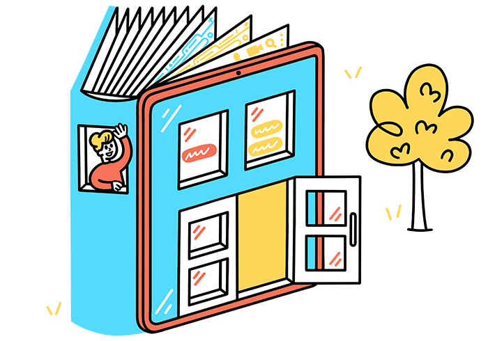 Illustration of a book shaped school building