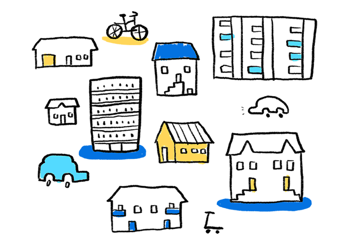 Illustration of buildings, a car, a bicycle and a scooter.