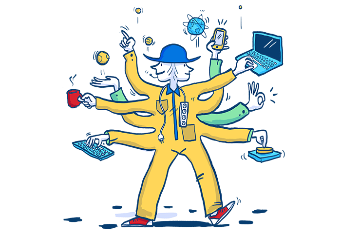 Illustration of a person with many hands handling diverse tasks.