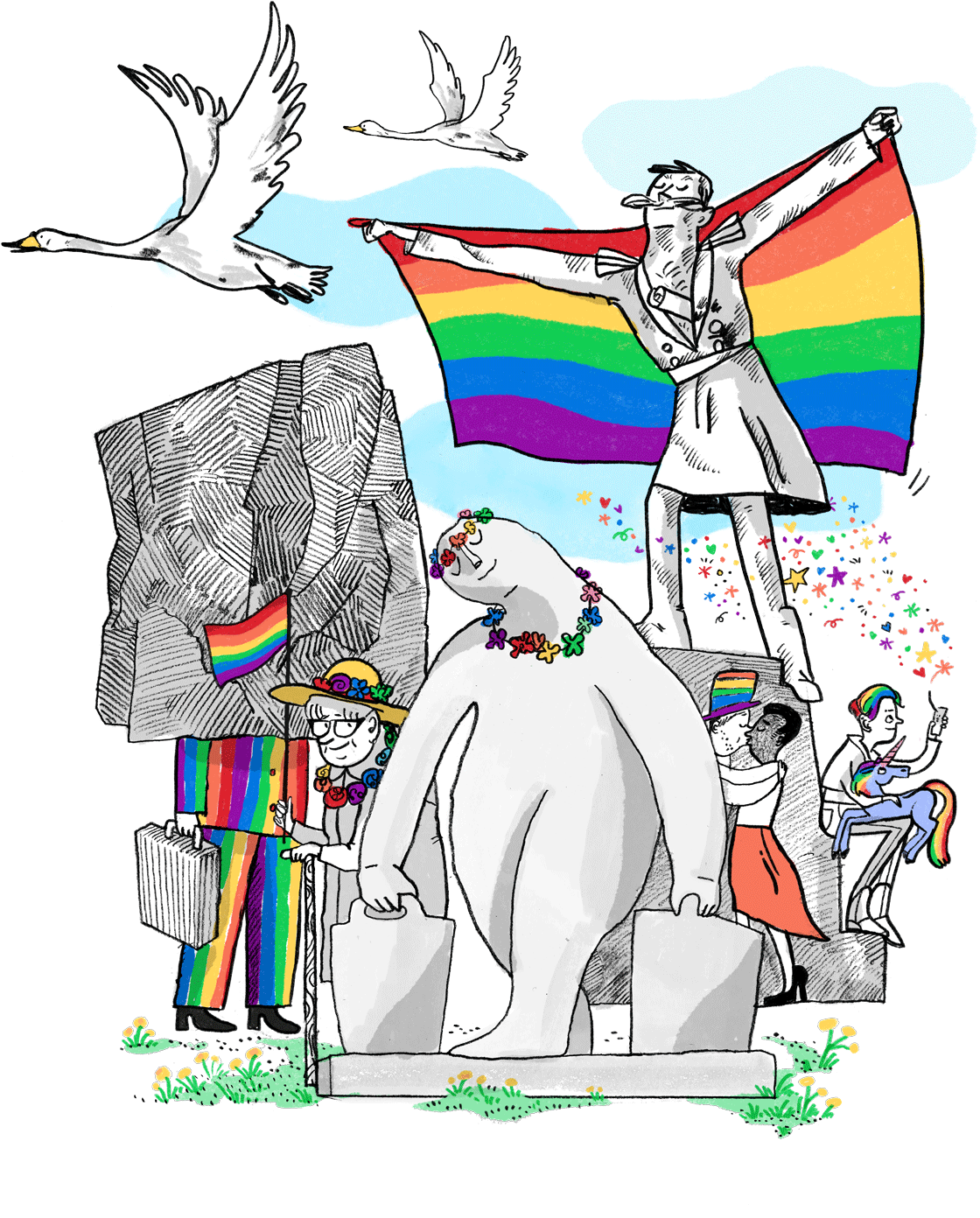 A composite illustration of people and symbols decorated in rainbow colors.