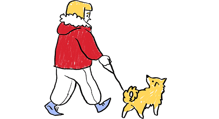 Teikning af stelpu að ganga með hund í taumi.