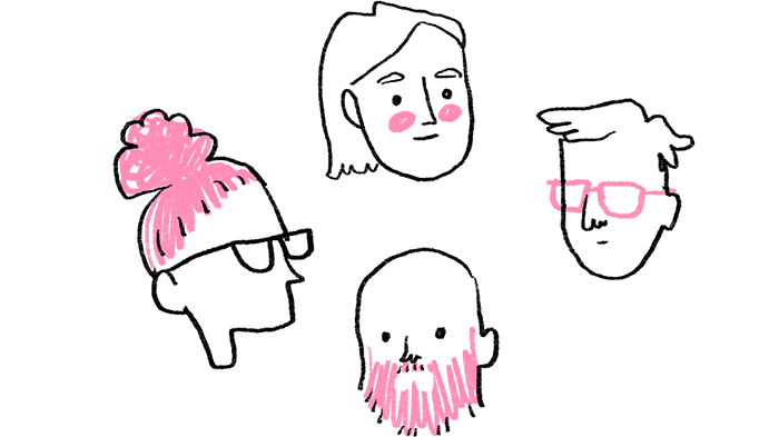Teikning af fjórum andlitum fólks.