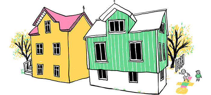 Illustration of two houses and children playing hopscotch.