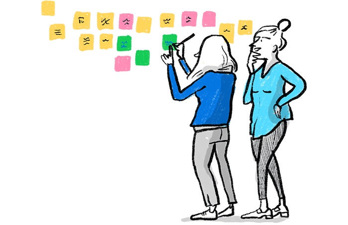 Teikning af tveimur mannsekjum að skrifa á post-it miða á vegg.