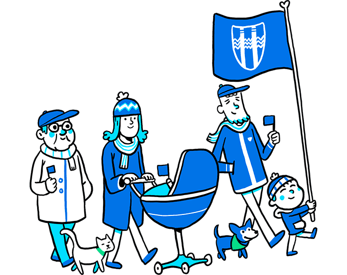 Teikning af fólki á göngu með litla fána og einn stóran fána með merki Reykjavíkurborgar.