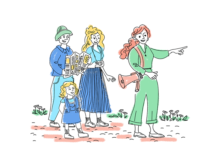 Illustration of people in nature. One person is pointing something out to the other two. The image depicts a guided tour.
