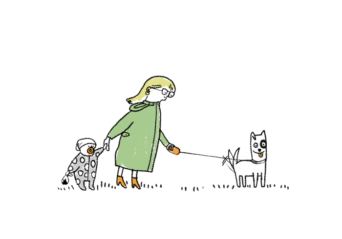 Kona með barn og hund