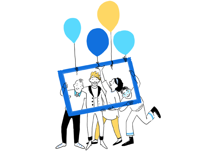 Illustration of four people holding and looking through a frame to which balloons are tied.