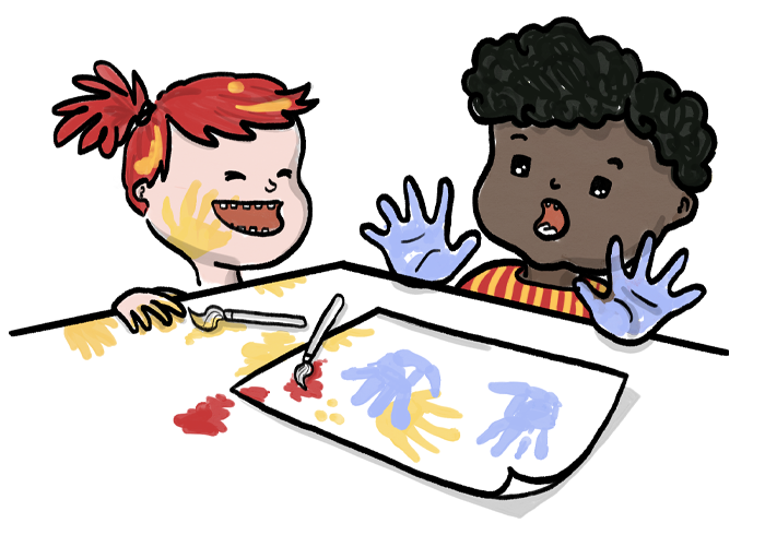 Illustration of two children coloring at a preschool.