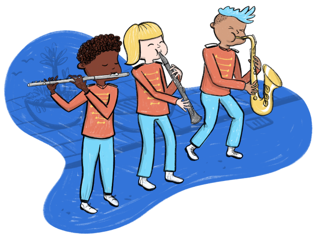 Illustration of three children playing musical instruments