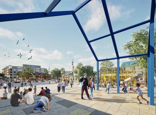Rendered image from Hlemmur with people and buildings.
