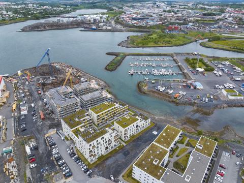 aerial photo of construction at Gelgjutangi in Vogabyggð