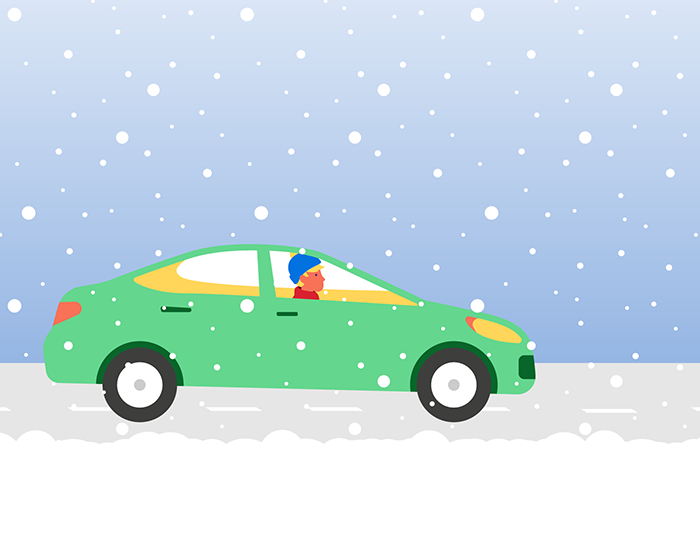 Illustration of a car driving in snowfall.