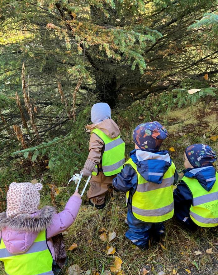 Leikskólabörn í gulum vestum af leikskólanum Reynisholti í göngutúr í skógi