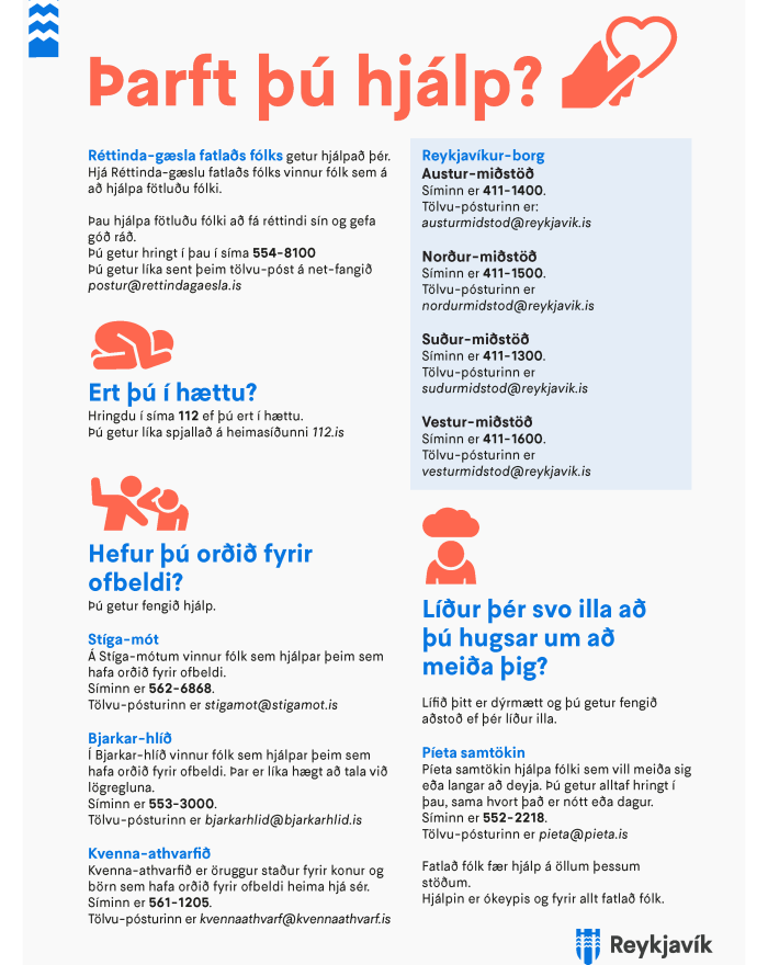 Myndin sýnir plakat með upplýsingum um það hvar hægt er að leita hjálpar hafir þú orðið fyrir ofbeldi