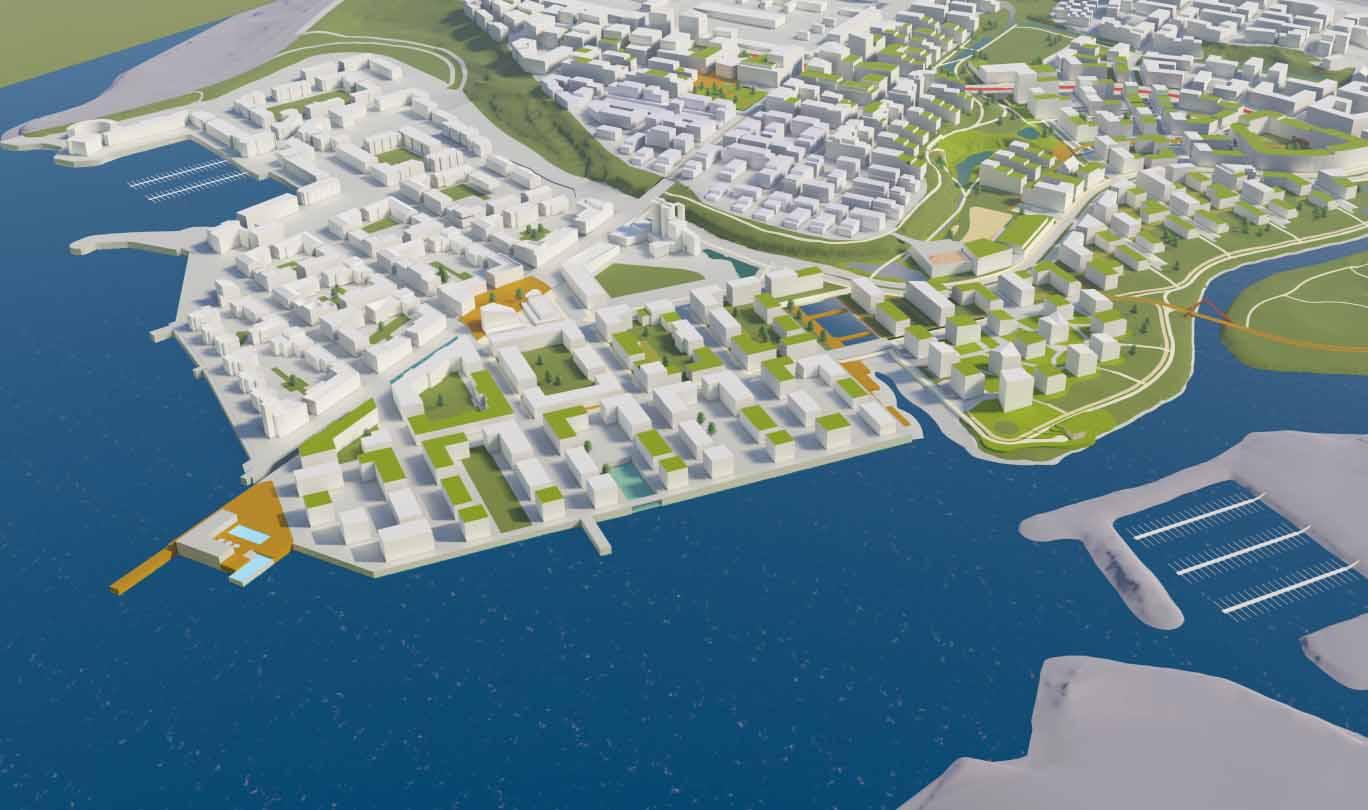 Tölvugerð ofanmynd af Ártúnshöfða og Elliðaárvog. Land og sjór.