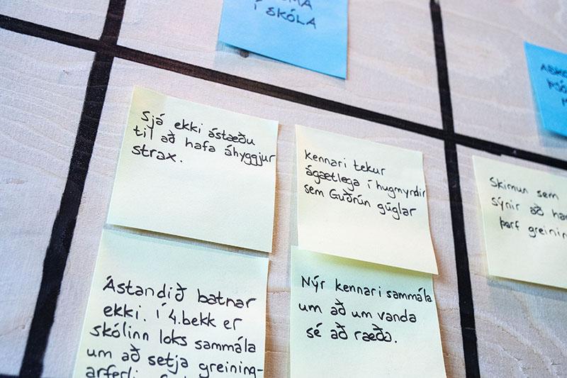 Mynd af post-it miðum á vegg í þemagreiningu.