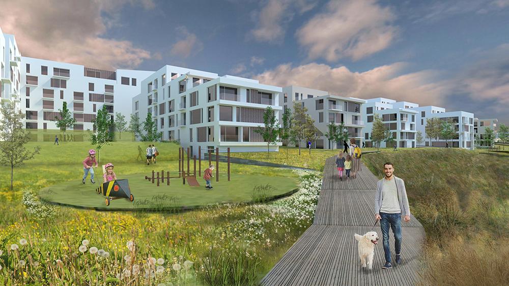 Computer-generated image of houses and people at Hamarstígur.