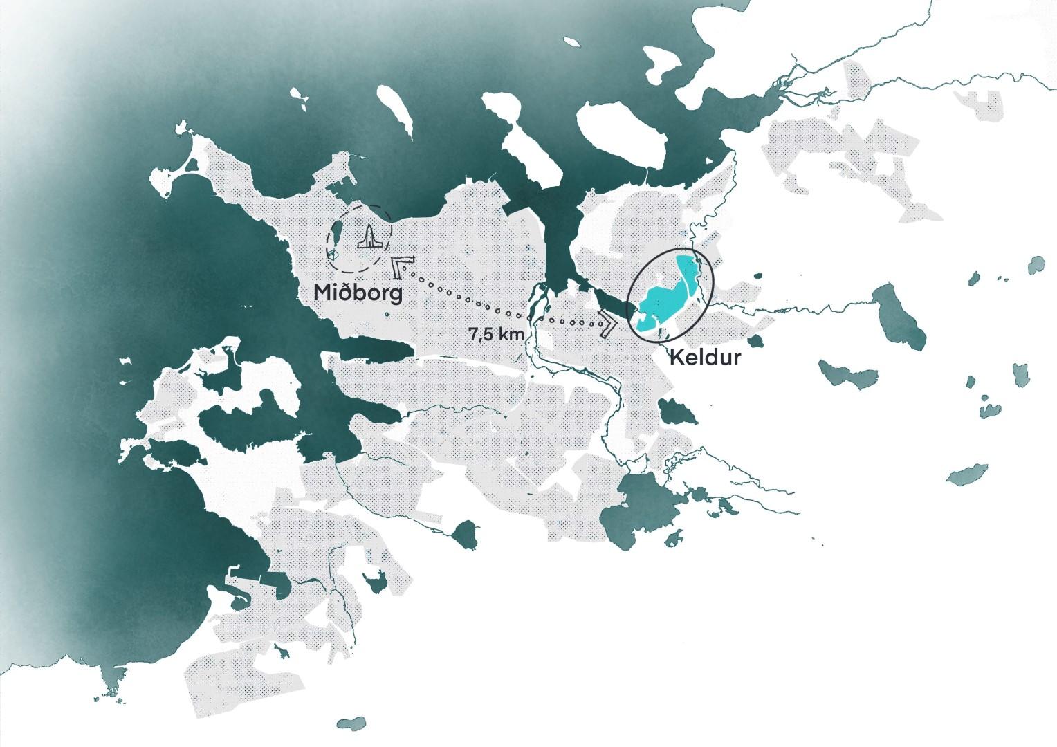 Kort sem sýnir Reykjavík og fjarlægð frá Keldum í miðborg