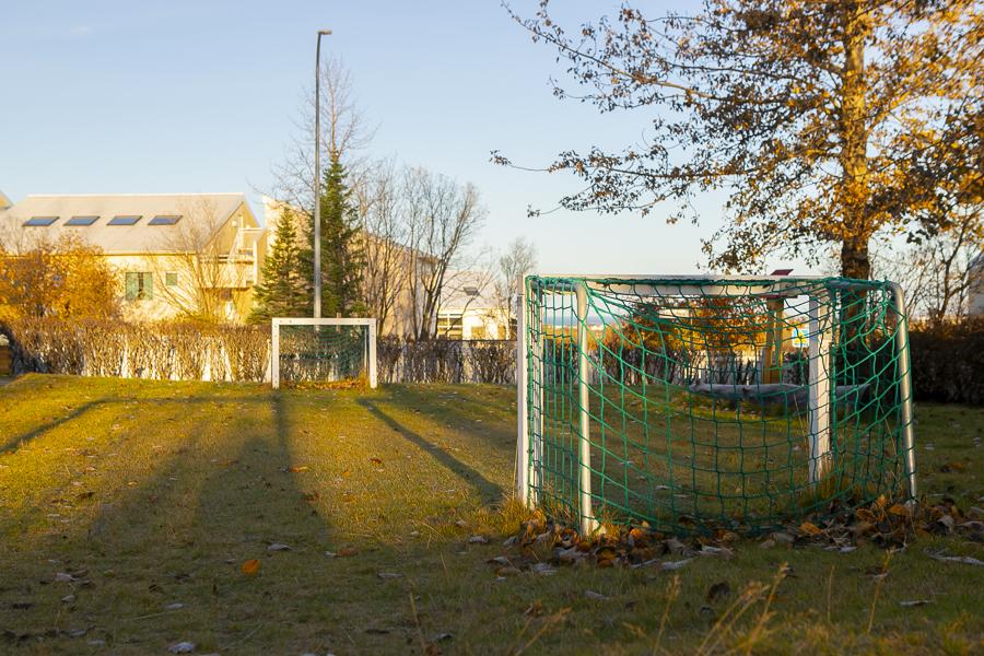 Soccer field and goal in the outdoor area at Brekkuborg preschool.