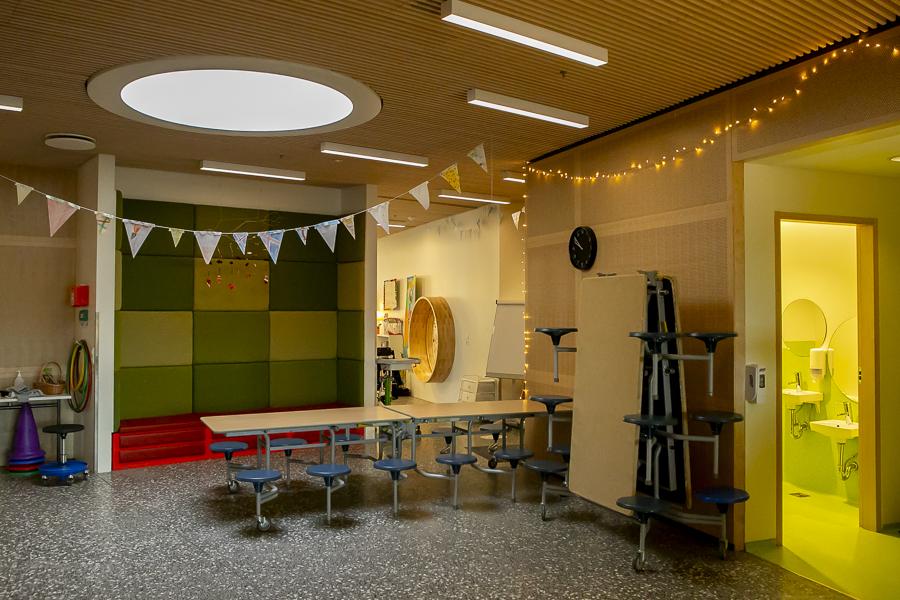 Dining room inside the Dalskóli preschool unit.
