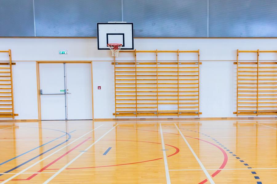 Íþróttasalur með körfuboltakörfu.