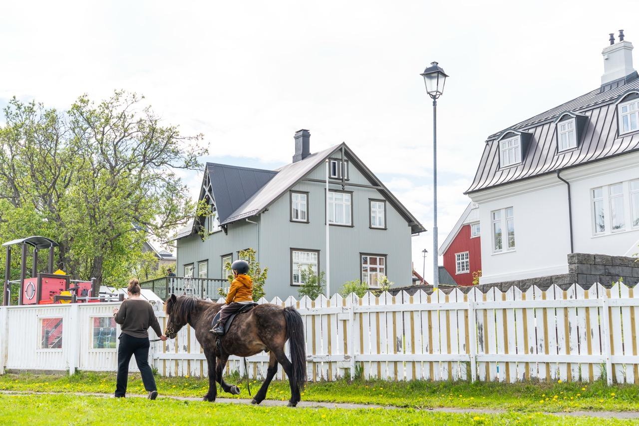 Barn á hestbaki og fullorðnir í kring.