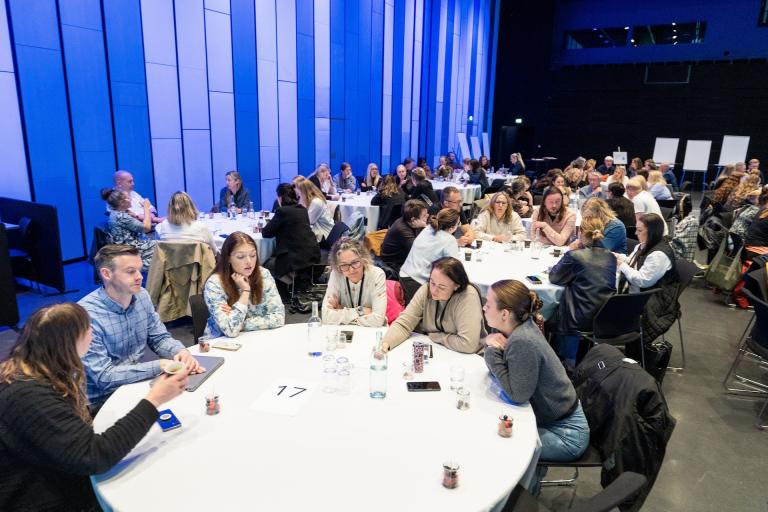 Fólk vinnur saman á borðum á velferðarstefnudeginum. 