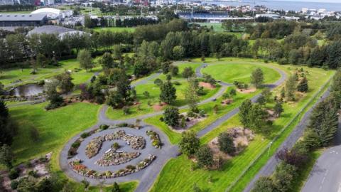 Laugardalur, an aerial view of the Reykjavik Botanic Garden.